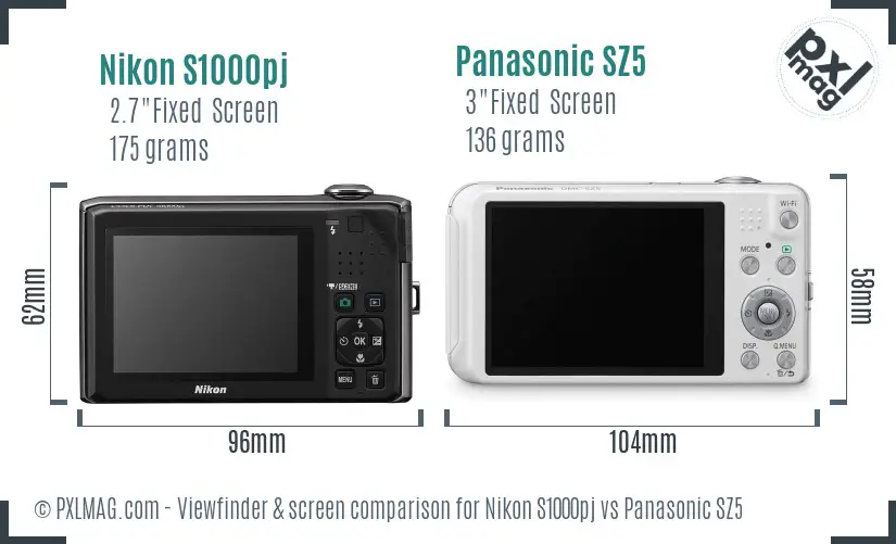 Nikon S1000pj vs Panasonic SZ5 Screen and Viewfinder comparison