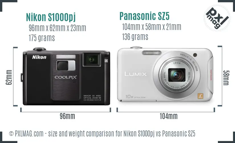Nikon S1000pj vs Panasonic SZ5 size comparison