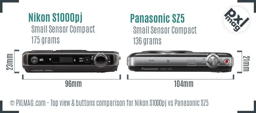 Nikon S1000pj vs Panasonic SZ5 top view buttons comparison