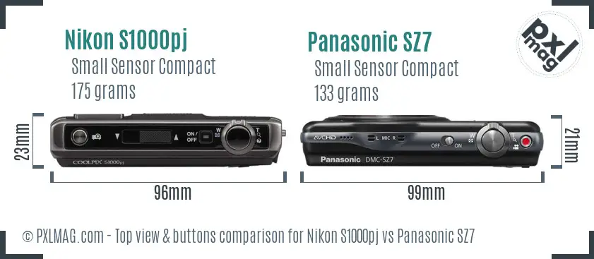 Nikon S1000pj vs Panasonic SZ7 top view buttons comparison Nikon S1000pj vs Panasonic SZ7 top view buttons comparison