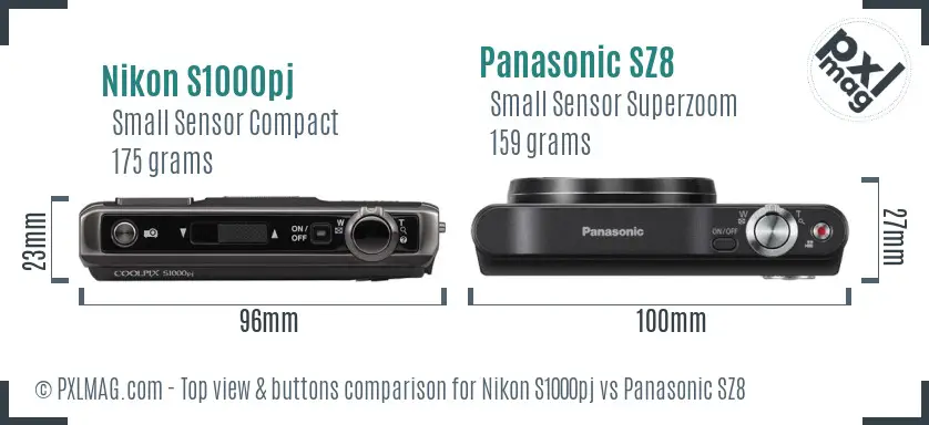 Nikon S1000pj vs Panasonic SZ8 top view buttons comparison Nikon S1000pj vs Panasonic SZ8 top view buttons comparison