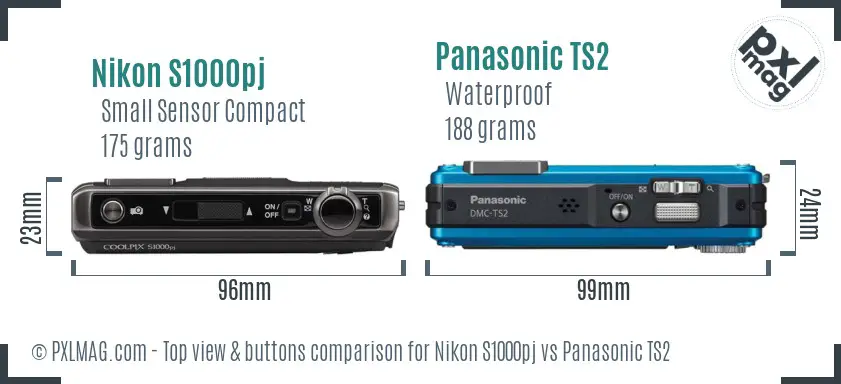 Nikon S1000pj vs Panasonic TS2 top view buttons comparison Nikon S1000pj vs Panasonic TS2 top view buttons comparison