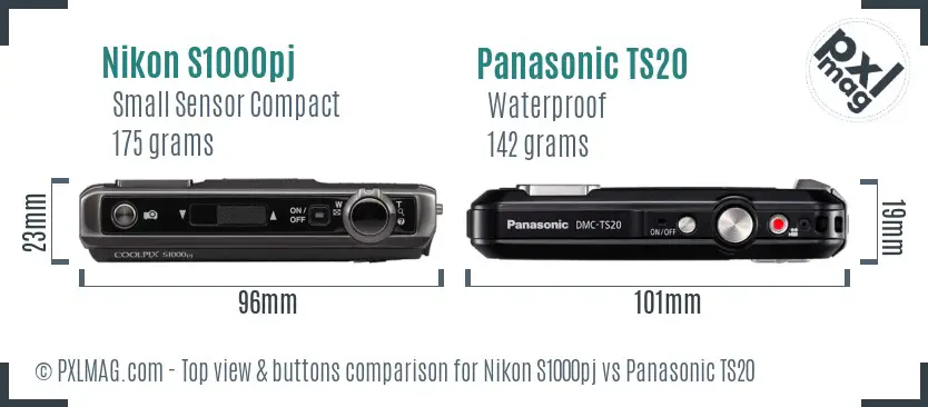 Nikon S1000pj vs Panasonic TS20 top view buttons comparison Nikon S1000pj vs Panasonic TS20 top view buttons comparison
