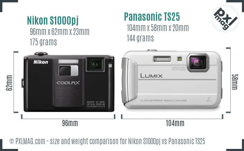 Nikon S1000pj vs Panasonic TS25 size comparison