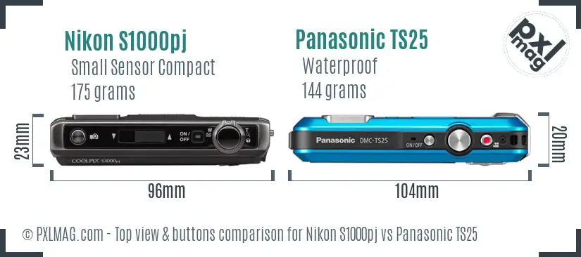 Nikon S1000pj vs Panasonic TS25 top view buttons comparison