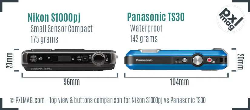 Nikon S1000pj vs Panasonic TS30 top view buttons comparison