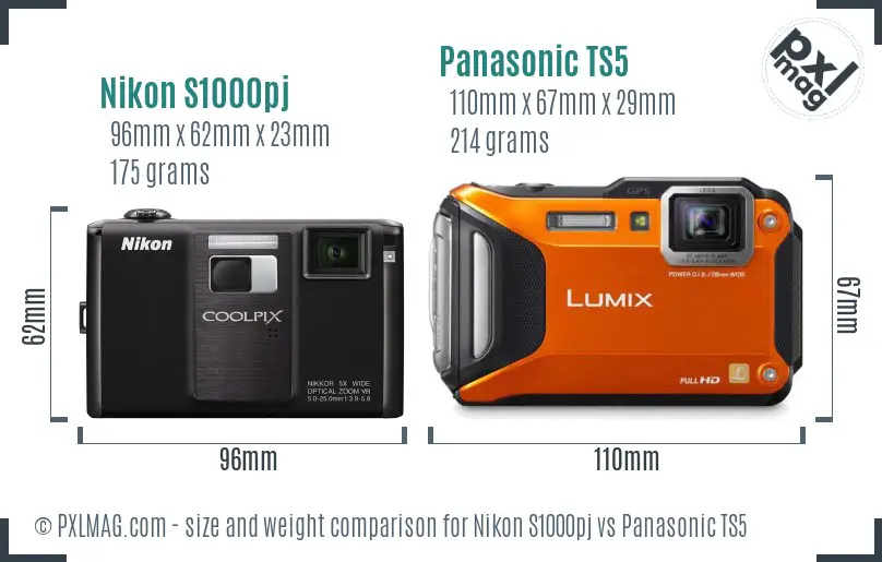 Nikon S1000pj vs Panasonic TS5 size comparison