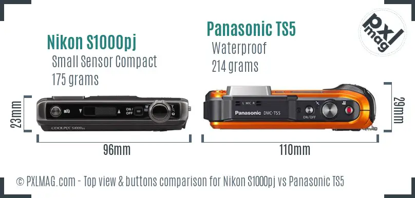 Nikon S1000pj vs Panasonic TS5 top view buttons comparison