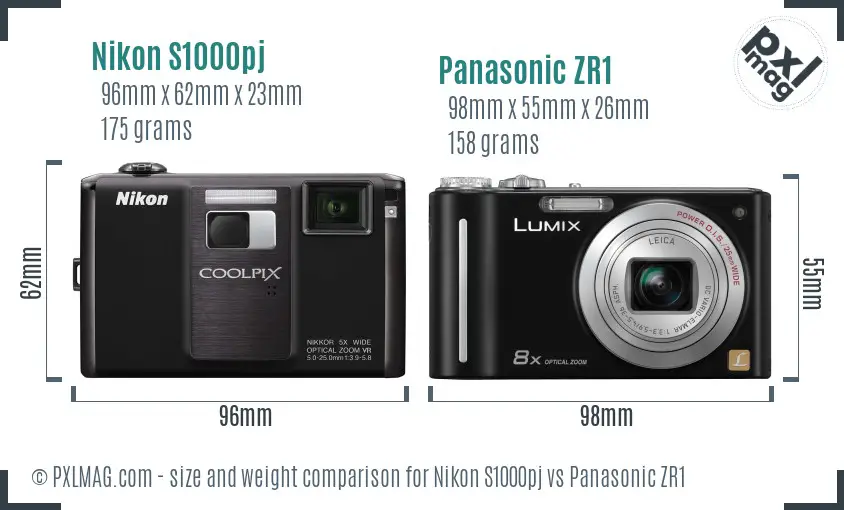 Nikon S1000pj vs Panasonic ZR1 size comparison