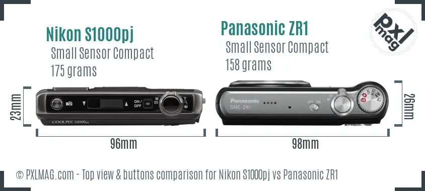 Nikon S1000pj vs Panasonic ZR1 top view buttons comparison