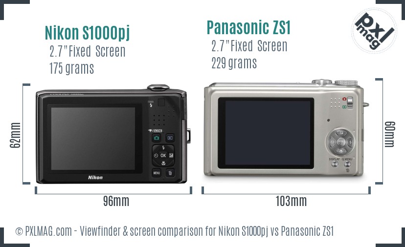 Nikon S1000pj vs Panasonic ZS1 Screen and Viewfinder comparison