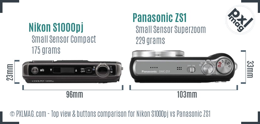 Nikon S1000pj vs Panasonic ZS1 top view buttons comparison