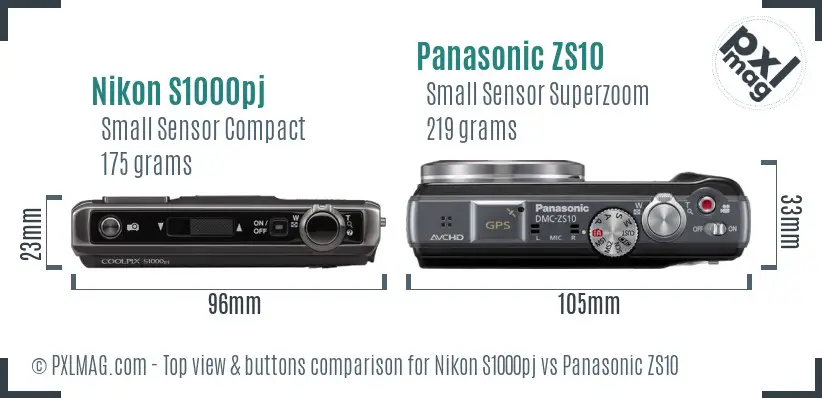 Nikon S1000pj vs Panasonic ZS10 top view buttons comparison