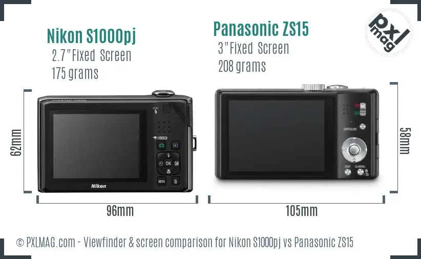 Nikon S1000pj vs Panasonic ZS15 Screen and Viewfinder comparison