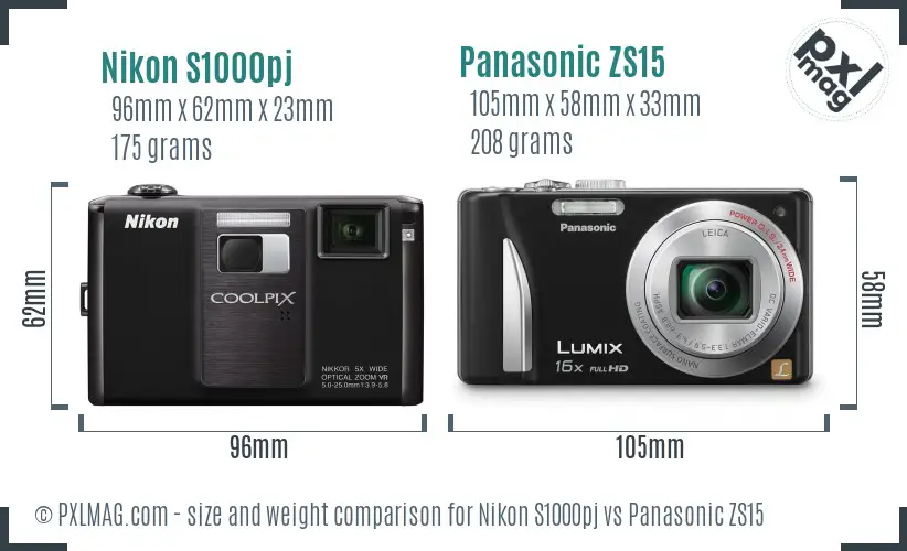 Nikon S1000pj vs Panasonic ZS15 size comparison