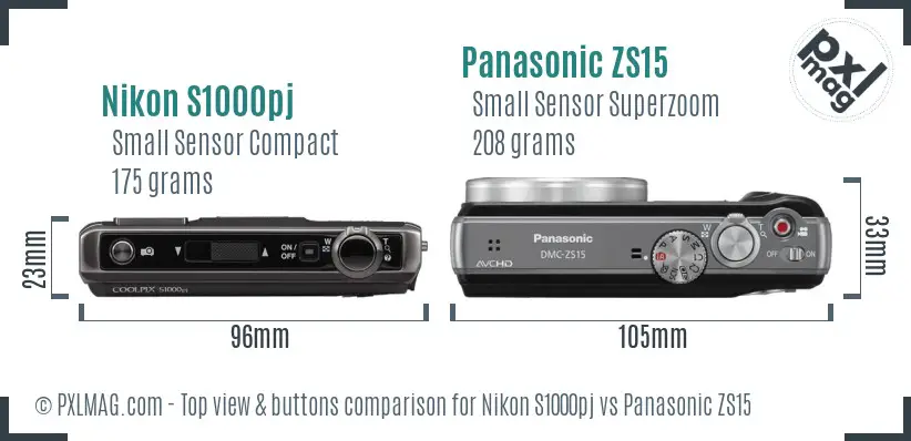 Nikon S1000pj vs Panasonic ZS15 top view buttons comparison