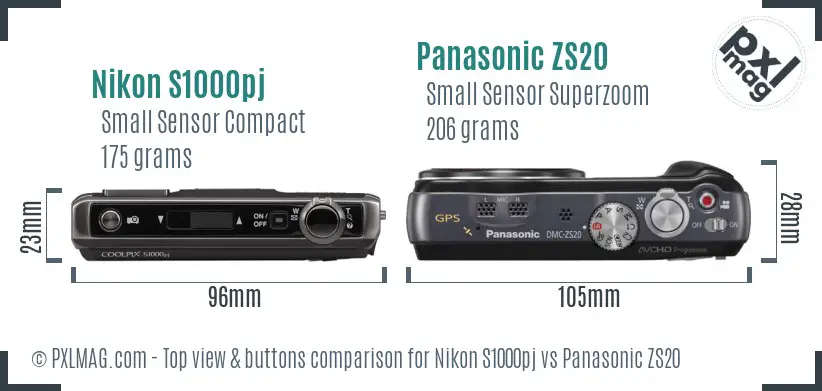 Nikon S1000pj vs Panasonic ZS20 top view buttons comparison