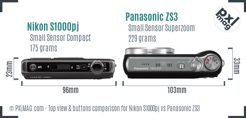Nikon S1000pj vs Panasonic ZS3 top view buttons comparison