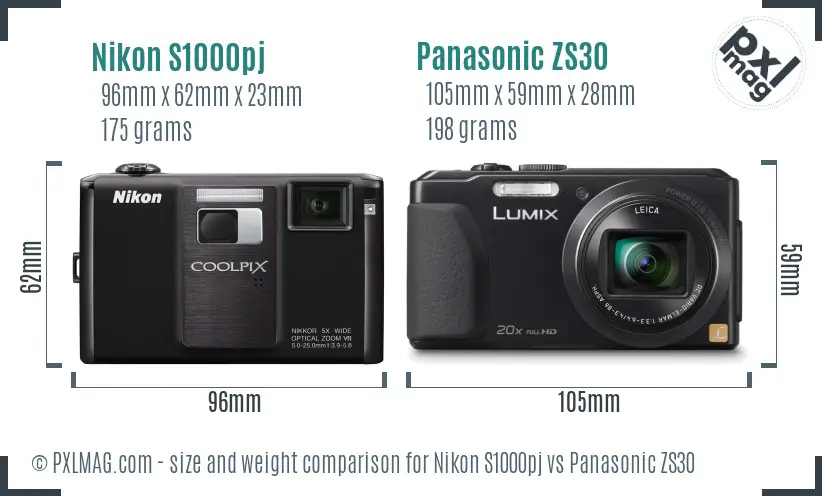 Nikon S1000pj vs Panasonic ZS30 size comparison