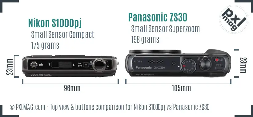 Nikon S1000pj vs Panasonic ZS30 top view buttons comparison