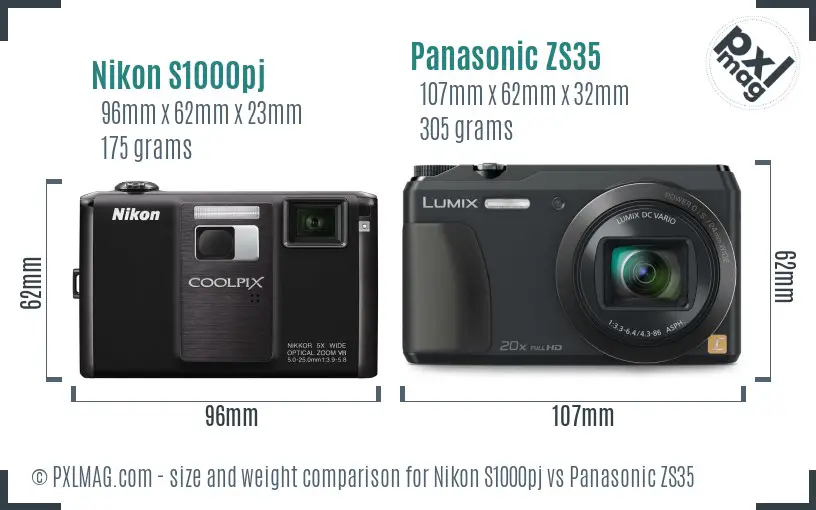Nikon S1000pj vs Panasonic ZS35 size comparison
