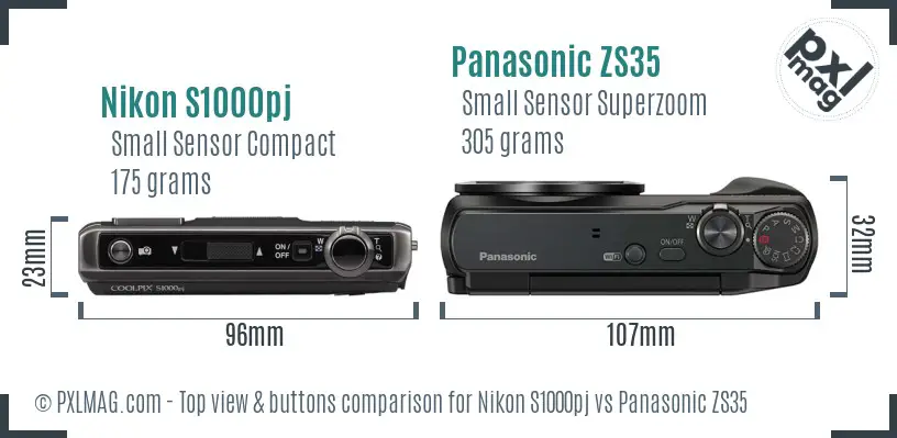 Nikon S1000pj vs Panasonic ZS35 top view buttons comparison