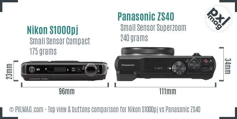 Nikon S1000pj vs Panasonic ZS40 top view buttons comparison