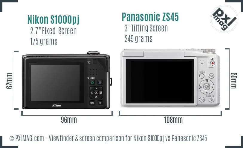 Nikon S1000pj vs Panasonic ZS45 Screen and Viewfinder comparison