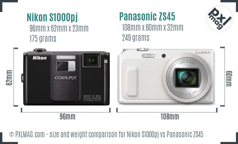 Nikon S1000pj vs Panasonic ZS45 size comparison