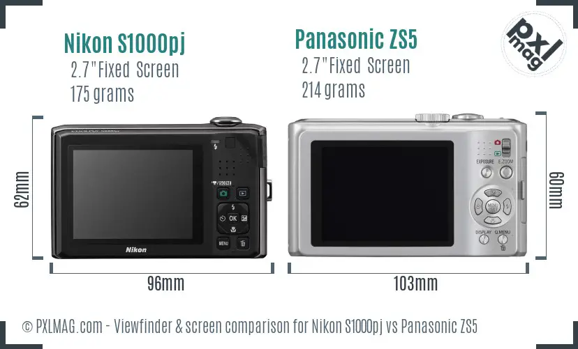 Nikon S1000pj vs Panasonic ZS5 Screen and Viewfinder comparison