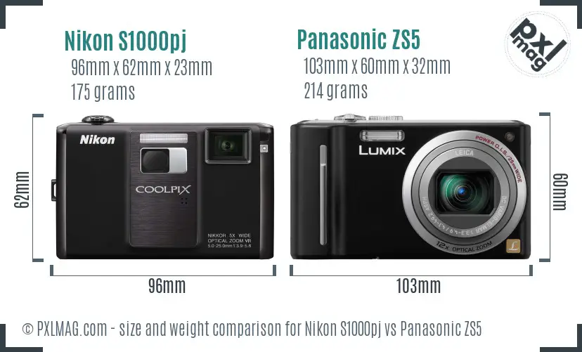 Nikon S1000pj vs Panasonic ZS5 size comparison