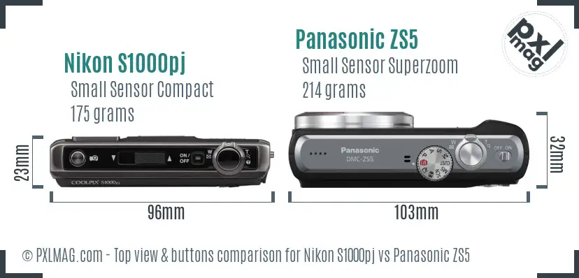 Nikon S1000pj vs Panasonic ZS5 top view buttons comparison