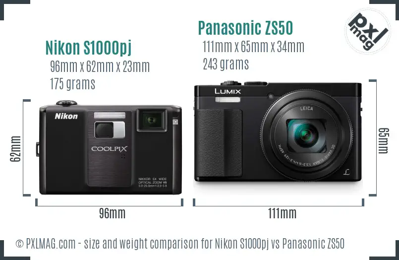 Nikon S1000pj vs Panasonic ZS50 size comparison