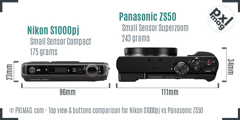 Nikon S1000pj vs Panasonic ZS50 top view buttons comparison