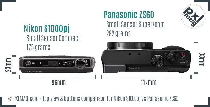 Nikon S1000pj vs Panasonic ZS60 top view buttons comparison Nikon S1000pj vs Panasonic ZS60 top view buttons comparison