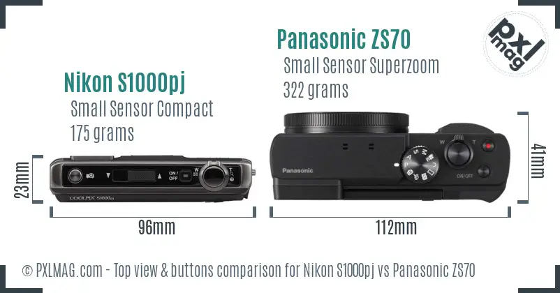 Nikon S1000pj vs Panasonic ZS70 top view buttons comparison Nikon S1000pj vs Panasonic ZS70 top view buttons comparison