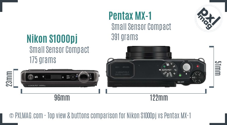 Nikon S1000pj vs Pentax MX-1 top view buttons comparison