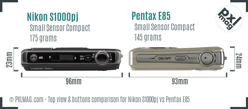 Nikon S1000pj vs Pentax E85 top view buttons comparison Nikon S1000pj vs Pentax E85 top view buttons comparison