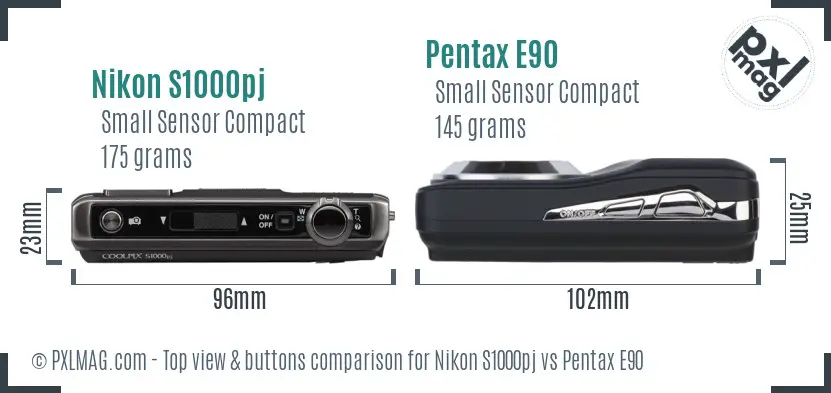 Nikon S1000pj vs Pentax E90 top view buttons comparison Nikon S1000pj vs Pentax E90 top view buttons comparison