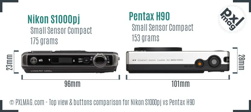 Nikon S1000pj vs Pentax H90 top view buttons comparison