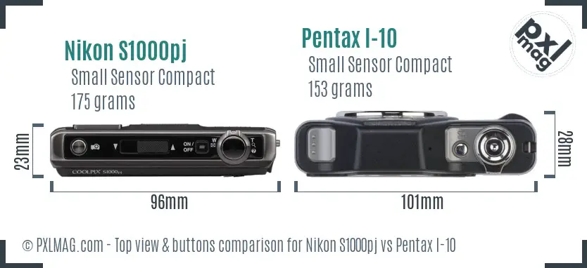Nikon S1000pj vs Pentax I-10 top view buttons comparison Nikon S1000pj vs Pentax I-10 top view buttons comparison