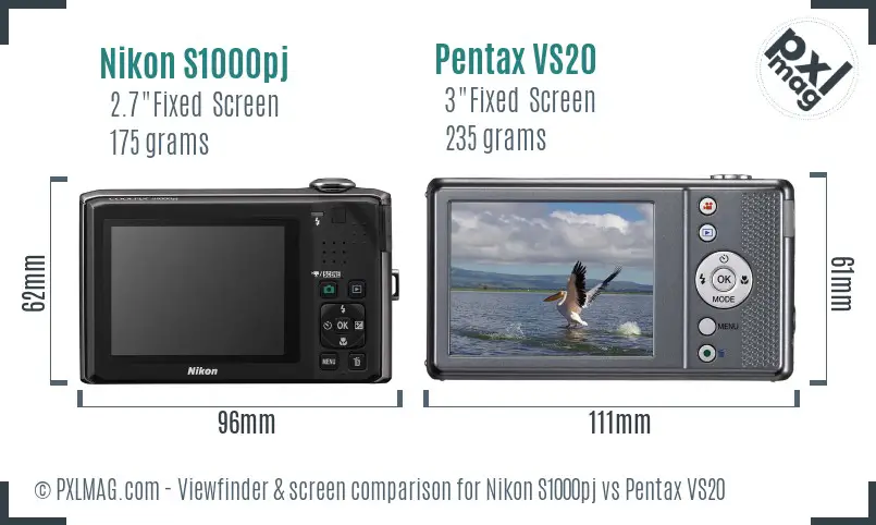 Nikon S1000pj vs Pentax VS20 Screen and Viewfinder comparison
