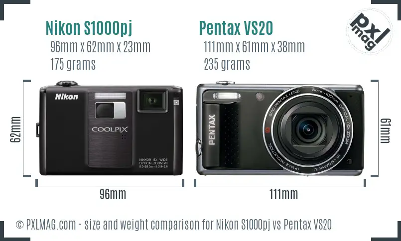 Nikon S1000pj vs Pentax VS20 size comparison