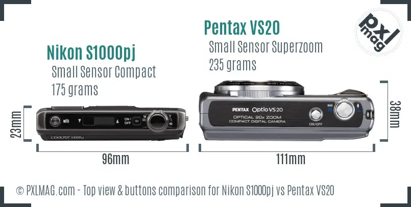 Nikon S1000pj vs Pentax VS20 top view buttons comparison