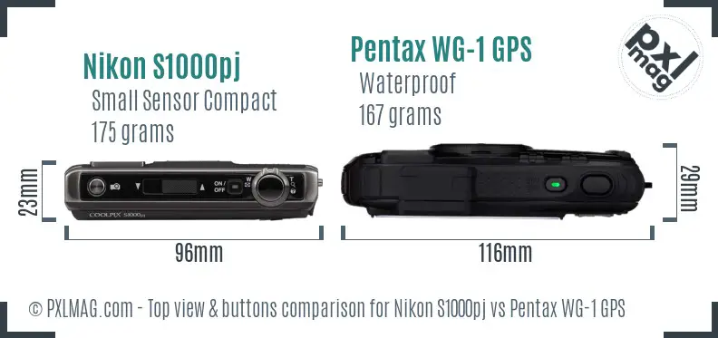 Nikon S1000pj vs Pentax WG-1 GPS top view buttons comparison