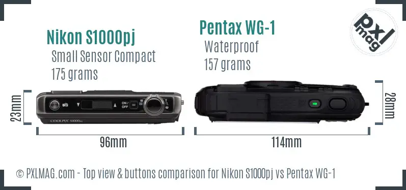 Nikon S1000pj vs Pentax WG-1 top view buttons comparison