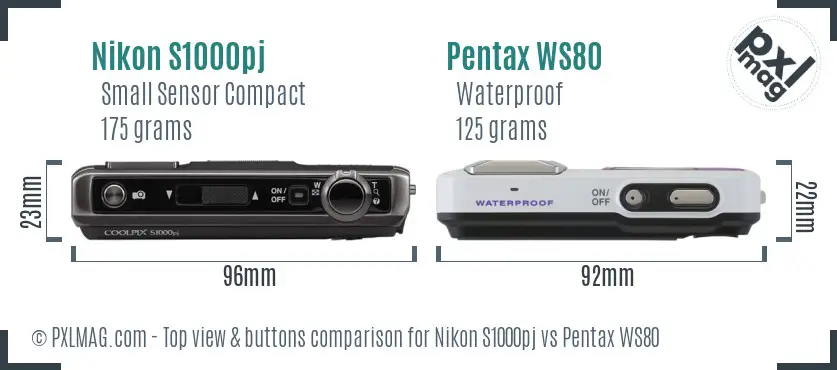 Nikon S1000pj vs Pentax WS80 top view buttons comparison Nikon S1000pj vs Pentax WS80 top view buttons comparison