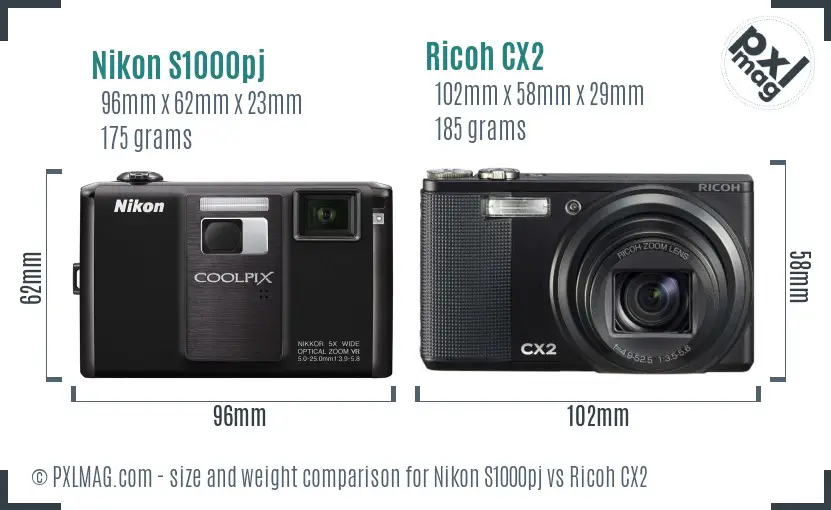 Nikon S1000pj vs Ricoh CX2 size comparison