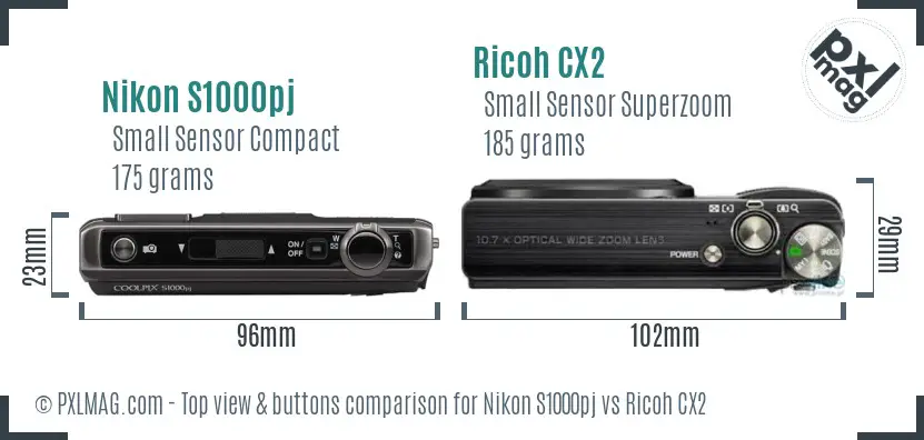 Nikon S1000pj vs Ricoh CX2 top view buttons comparison