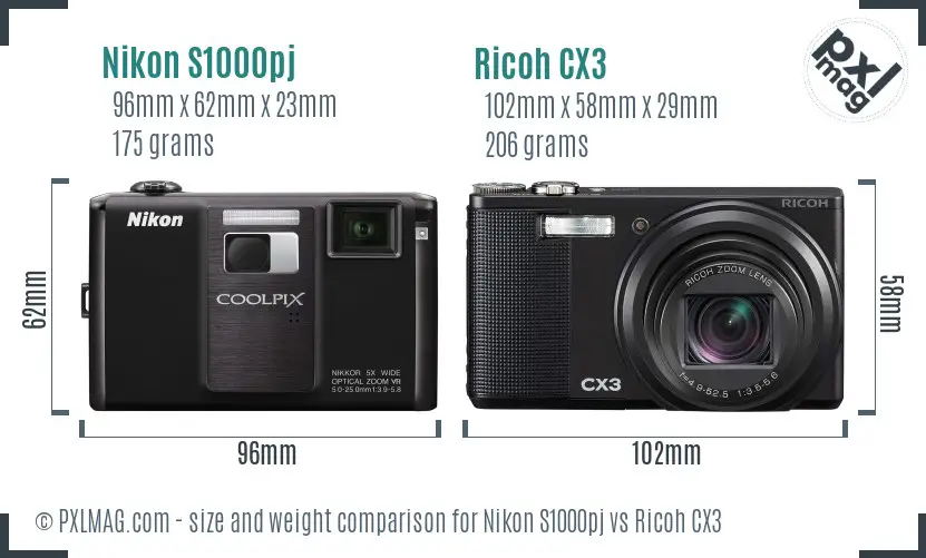 Nikon S1000pj vs Ricoh CX3 size comparison